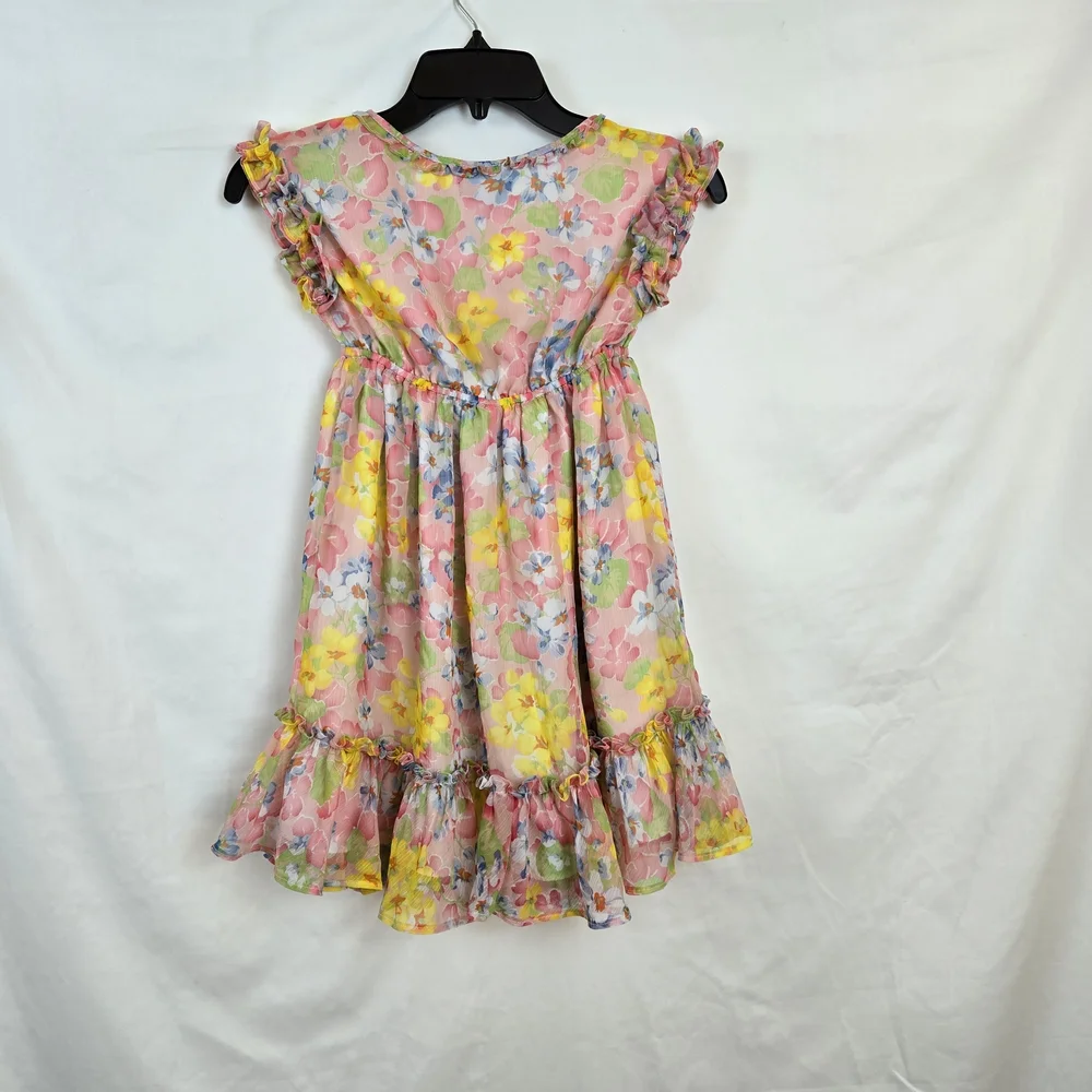 Ralph Lauren Girls Pink Yellow Floral Short Sleeve Ruffled Chiffon Dress Sz 7‎